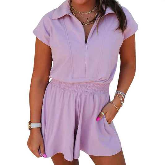 Womens Summer New Lapel Short-Sleeve Jumpsuit