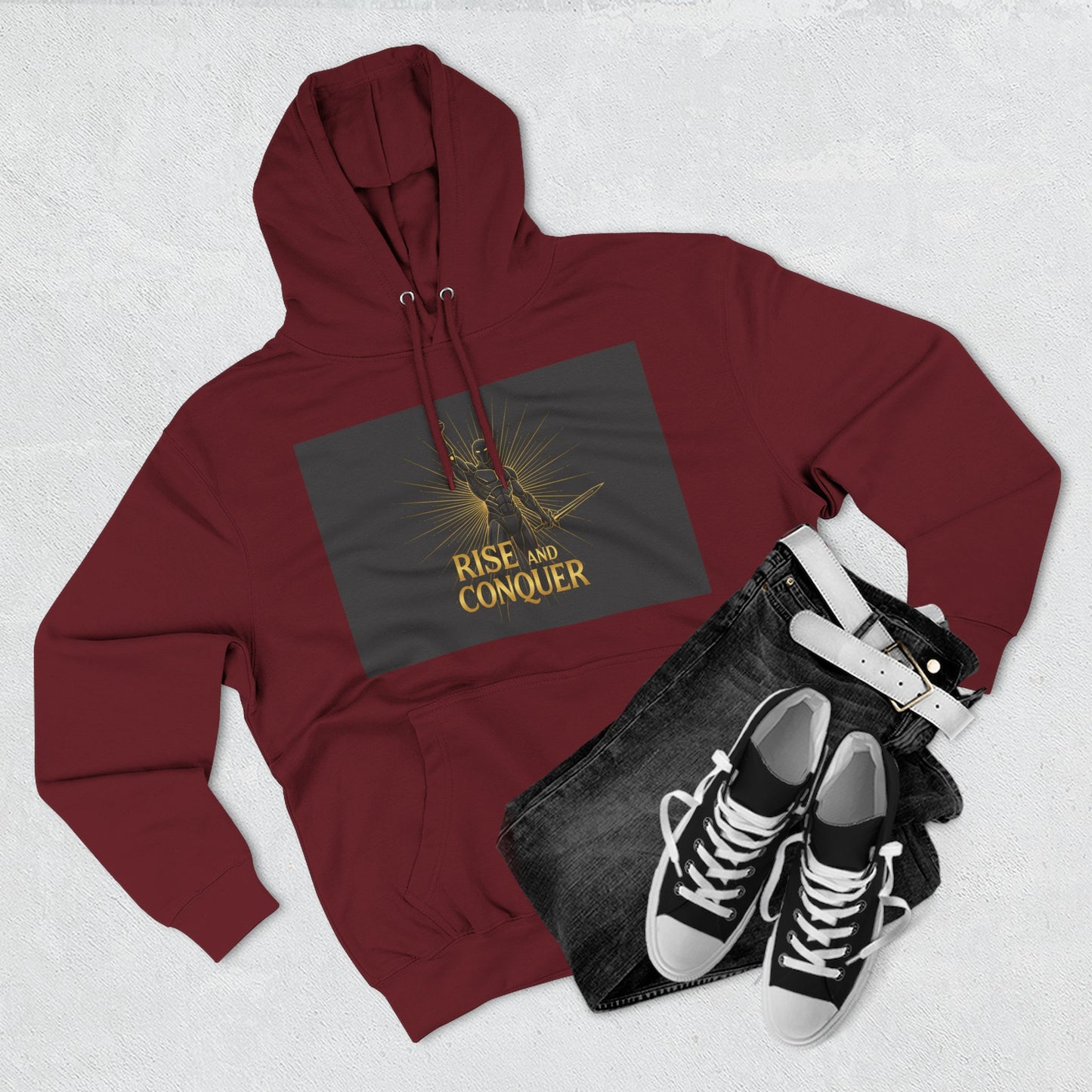 Rise and Conquer Hoodie — Motivational Graphic Fleece Pullover
