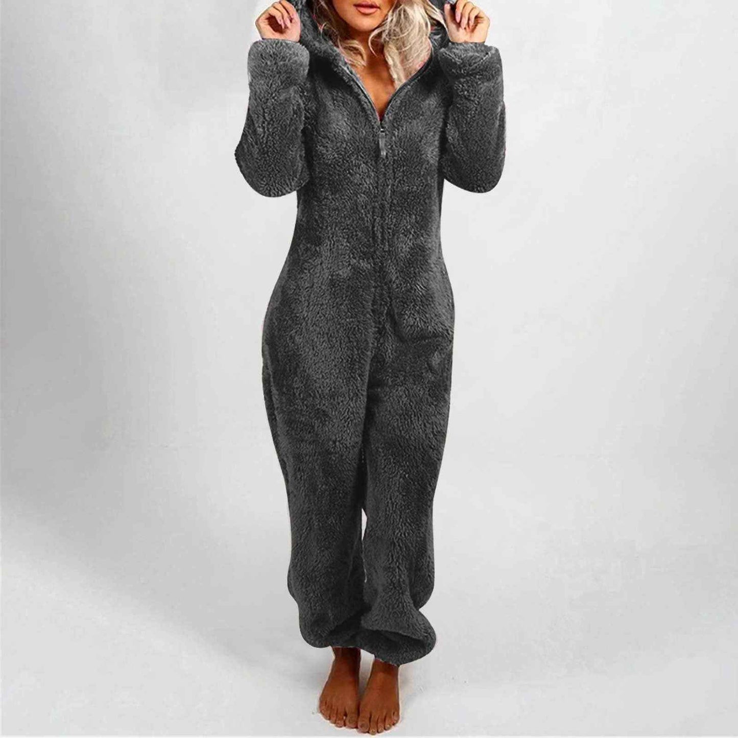 Fleece-lined Thickened Furry Jumpsuit Hooded Pajamas