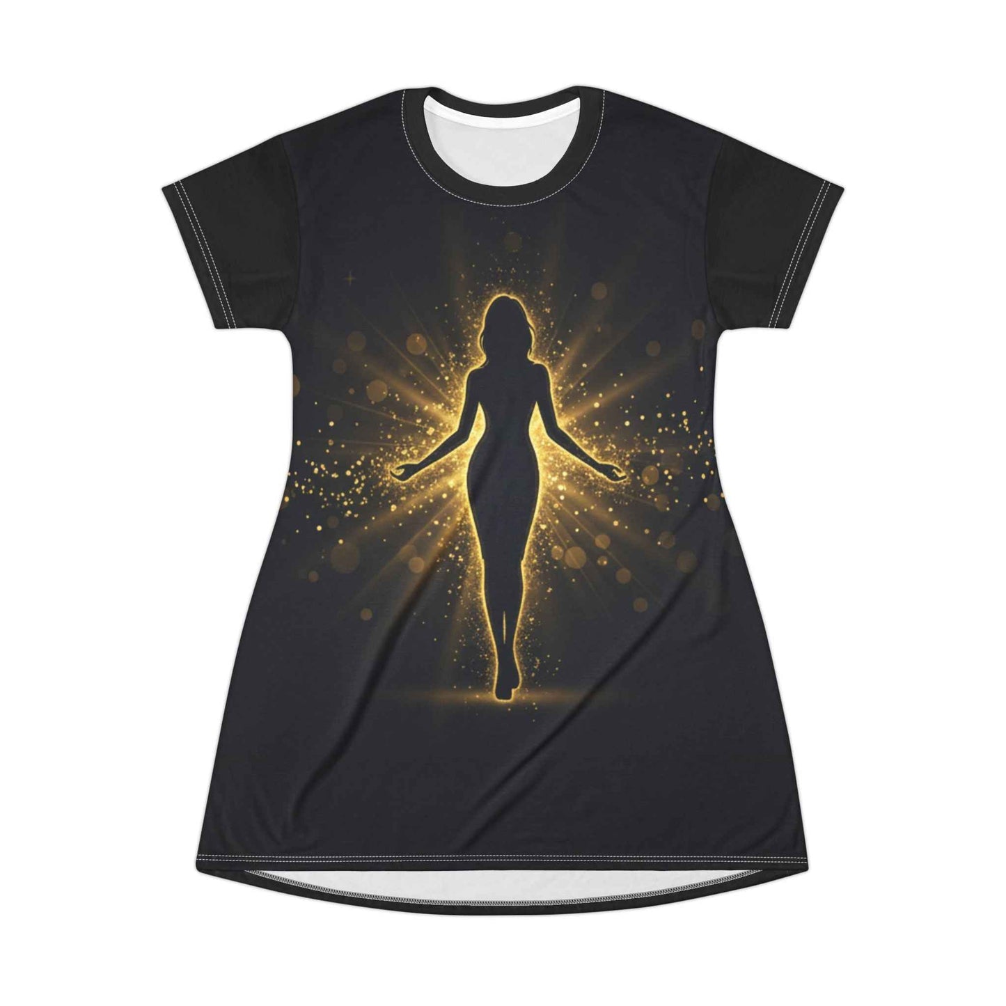 Golden Aura Silhouette T-Shirt Dress — Mystical Sparkle All-Over Print