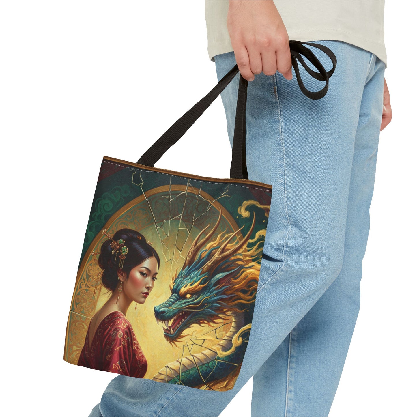 Asian Dragon Muse Tote Bag — Fantasy Art Dragon & Geisha Illustration AOP