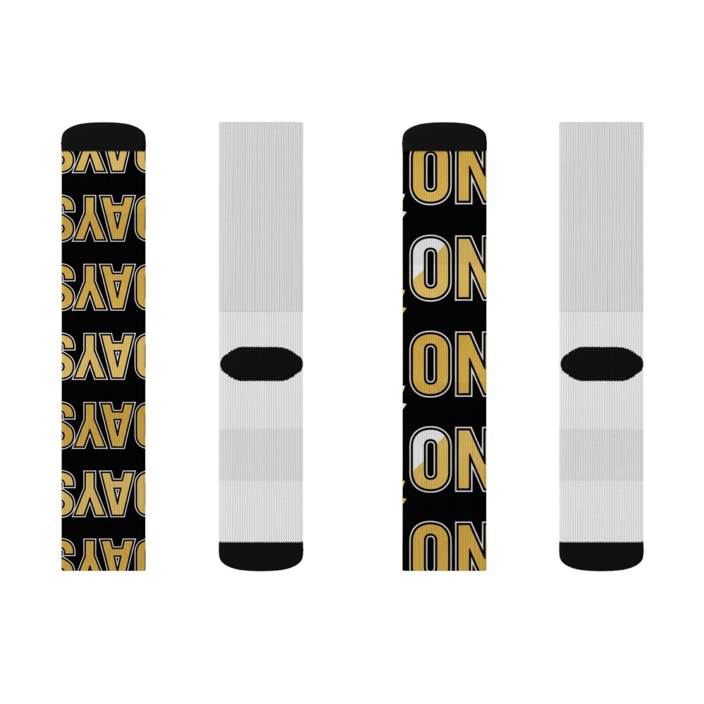 Varsity 'ON' Pattern Sublimation Socks — Bold Black & Gold Sports Crew Socks
