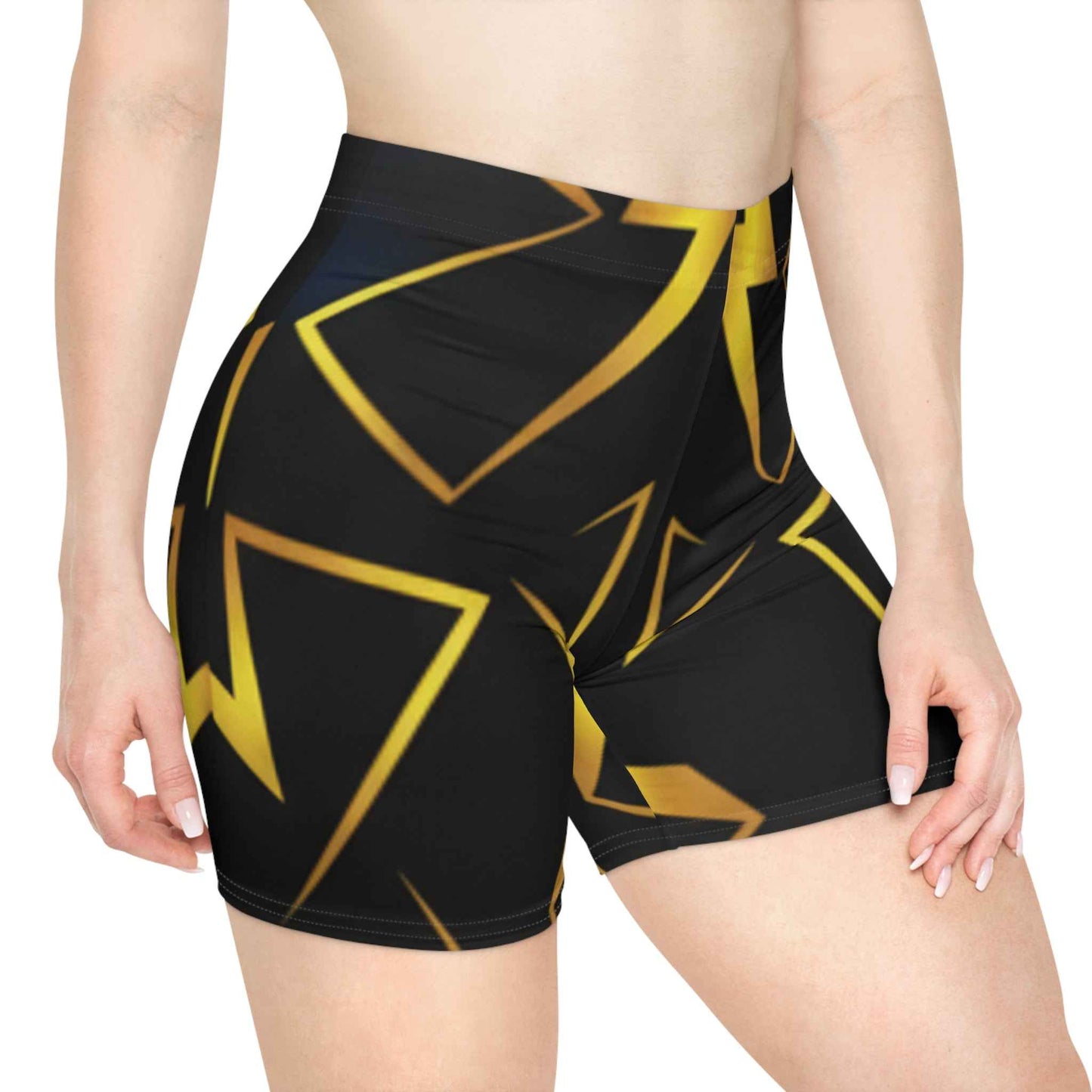 Gold Geometric Biker Shorts — Women's Metallic Triangle Pattern