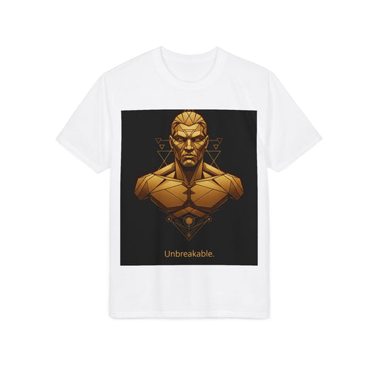 Unbreakable Geometric Warrior T-Shirt — Bold Gold Bust Graphic