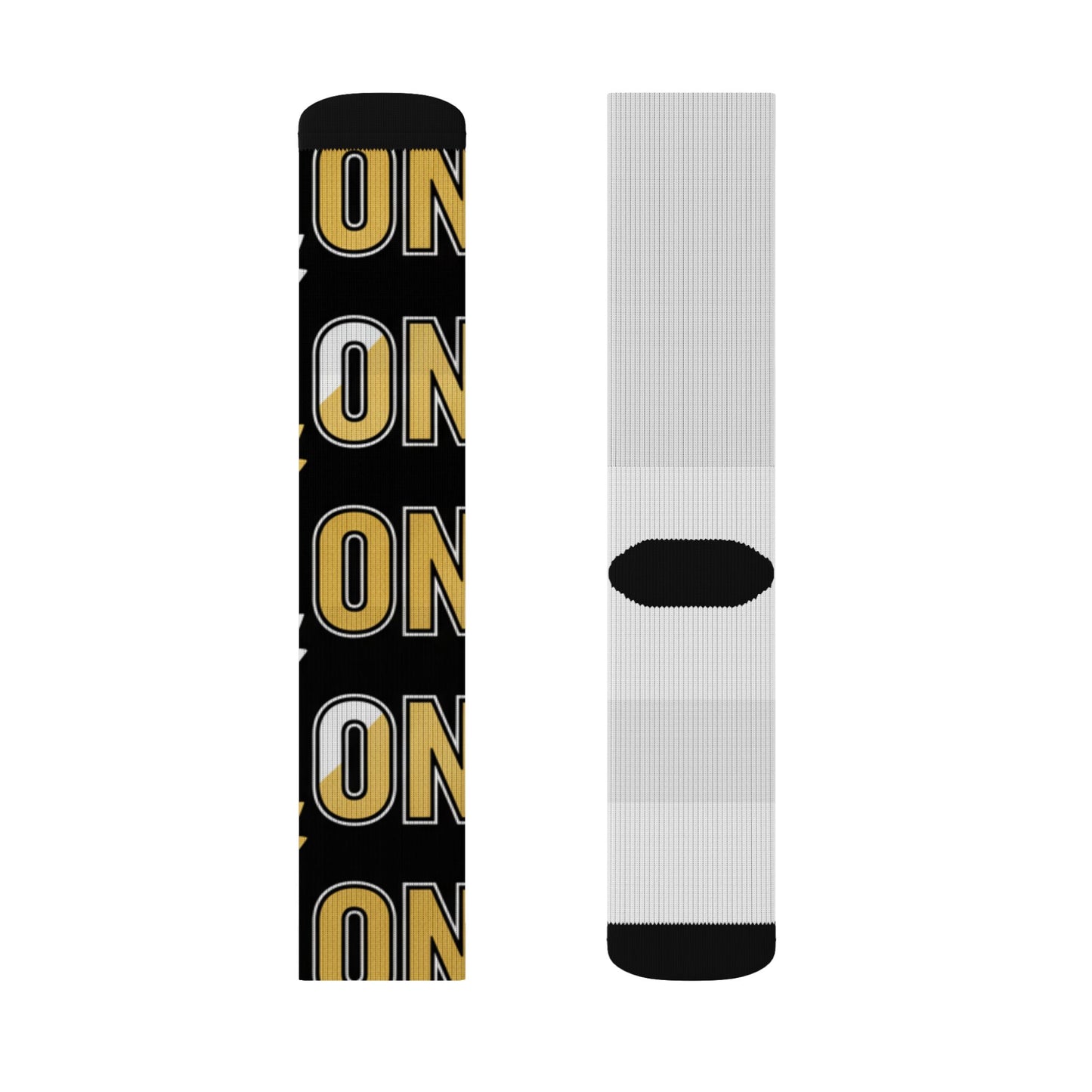 Varsity 'ON' Pattern Sublimation Socks — Bold Black & Gold Sports Crew Socks