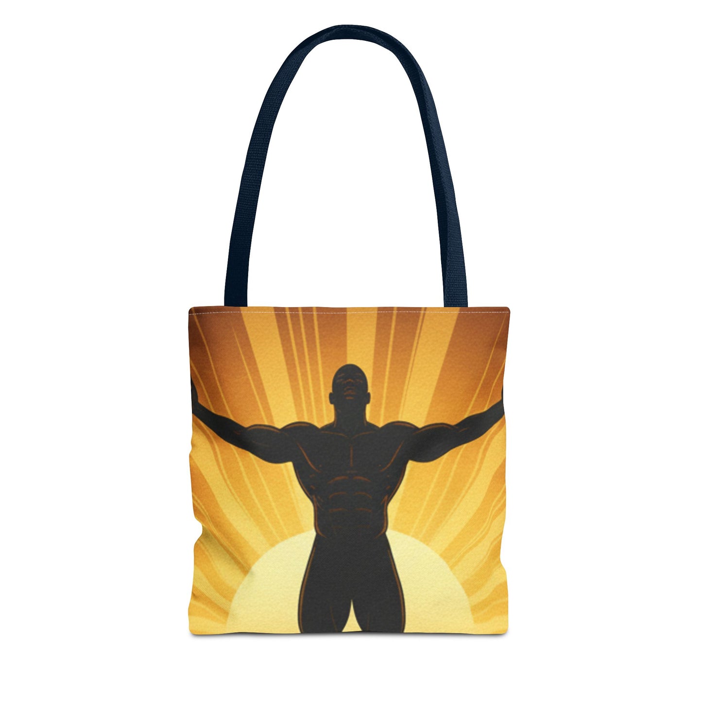Sunrise Strength Tote Bag – Muscular Silhouette Graphic Beach & Gym Tote