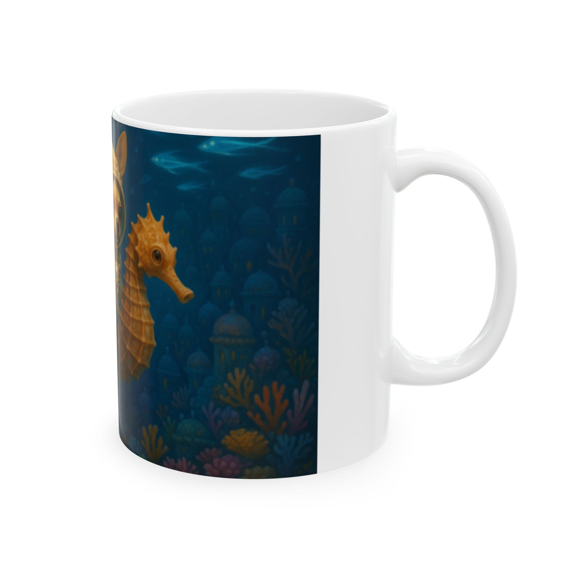 Underwater Adventure Ceramic Mug with Cute Astronaut Dog, Nautical Coffee Cup, Ocean Lovers Gift, Unique Tea Mug, Sea Life Decor  Digital Art