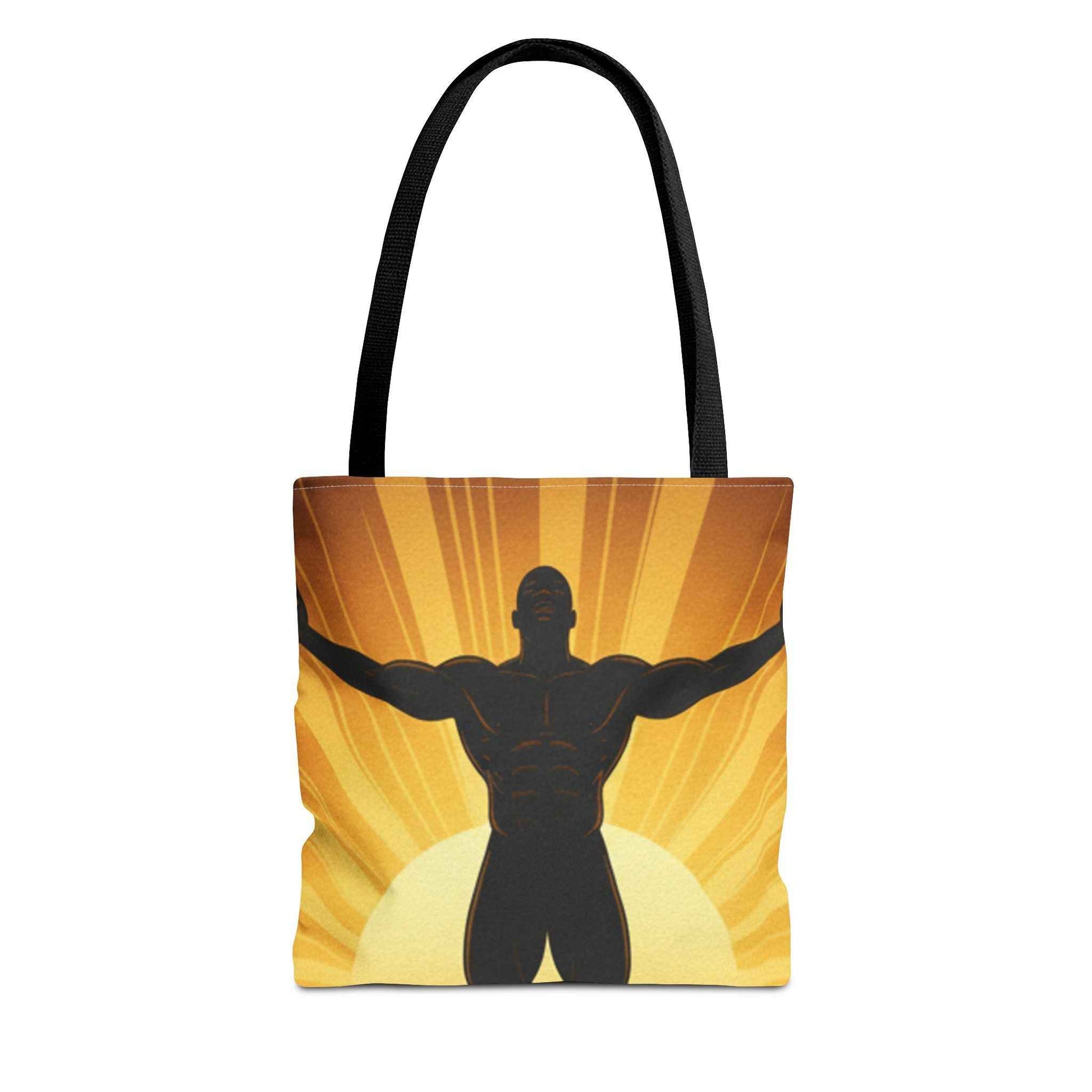 Sunrise Strength Tote Bag – Muscular Silhouette Graphic Beach & Gym Tote