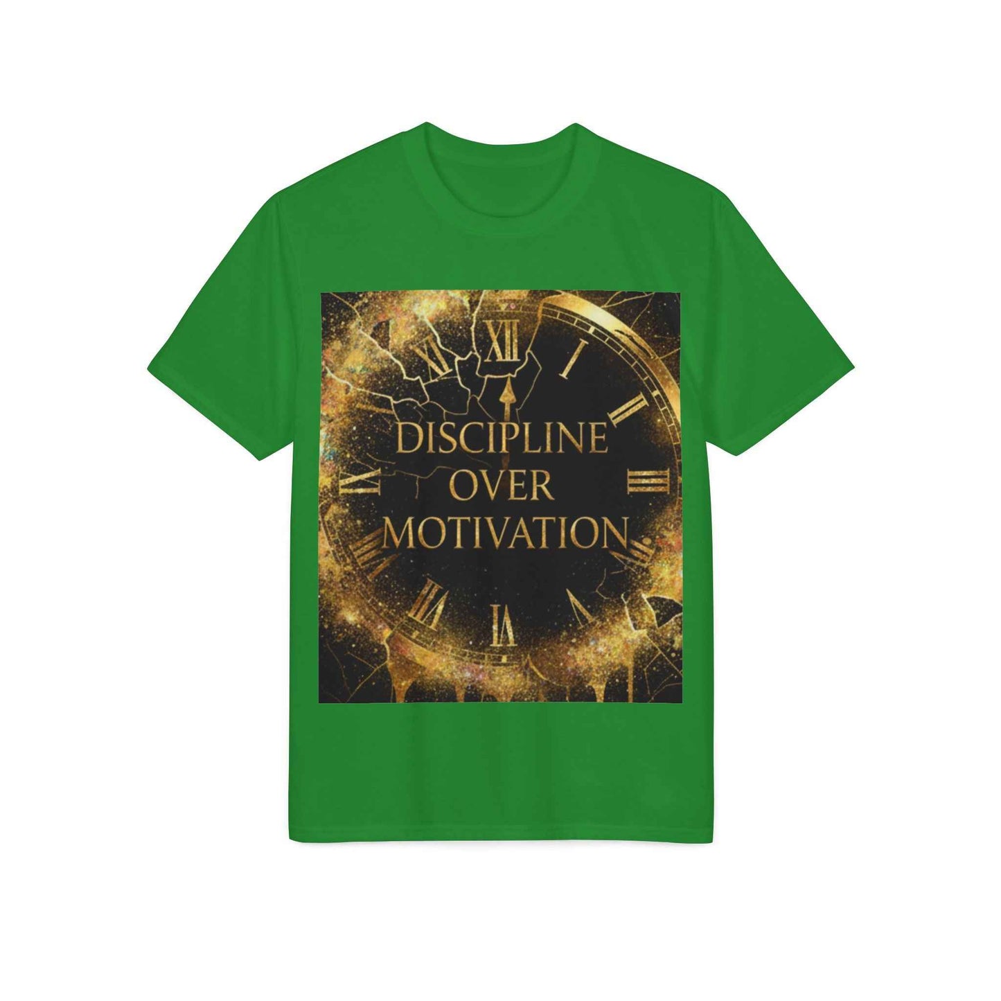 Discipline Over Motivation T-Shirt — Motivational Fitness Tee with Gold Clock Design