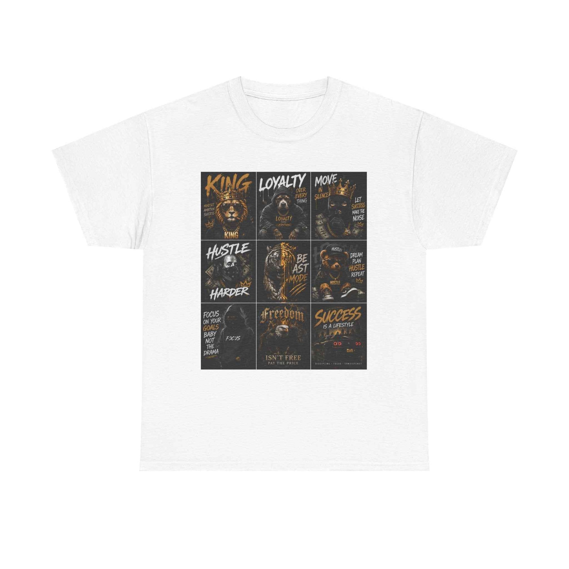 Motivational Collage Tee — Inspirational Hustle Lion Graphic T-Shirt