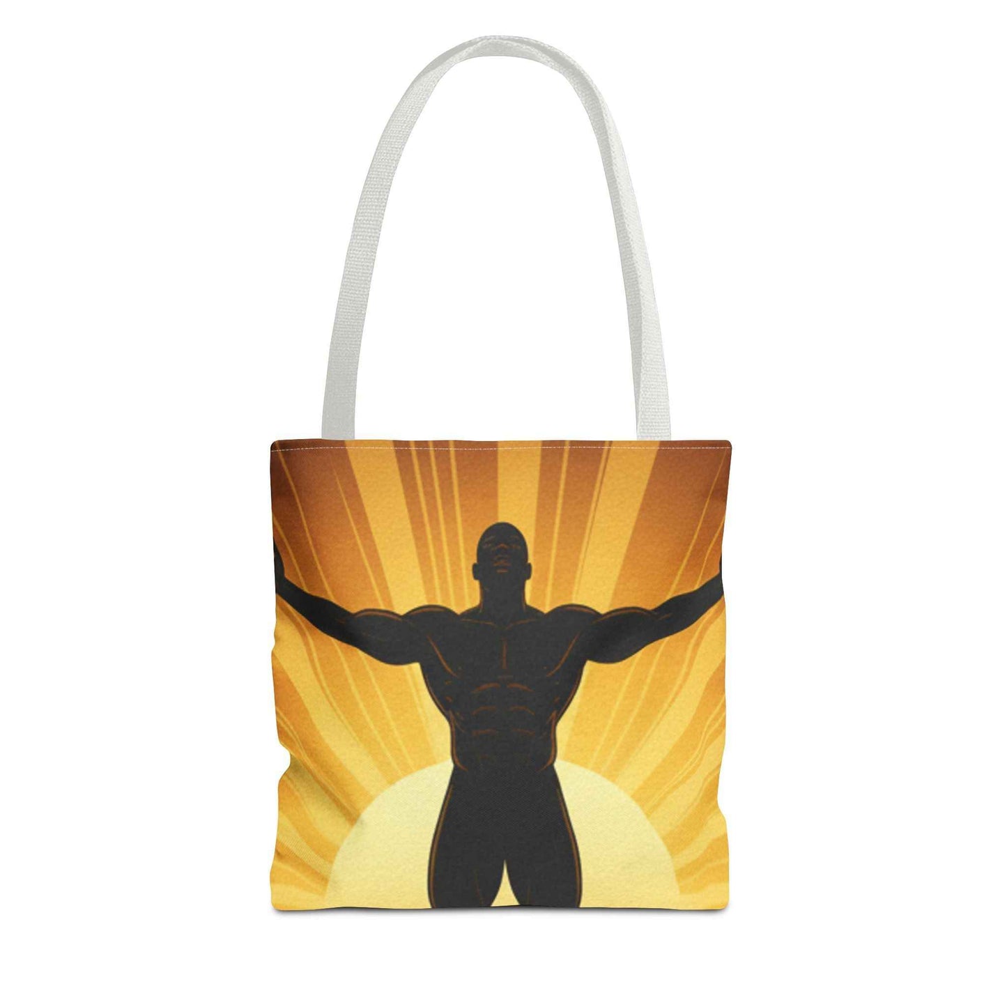 Sunrise Strength Tote Bag – Muscular Silhouette Graphic Beach & Gym Tote