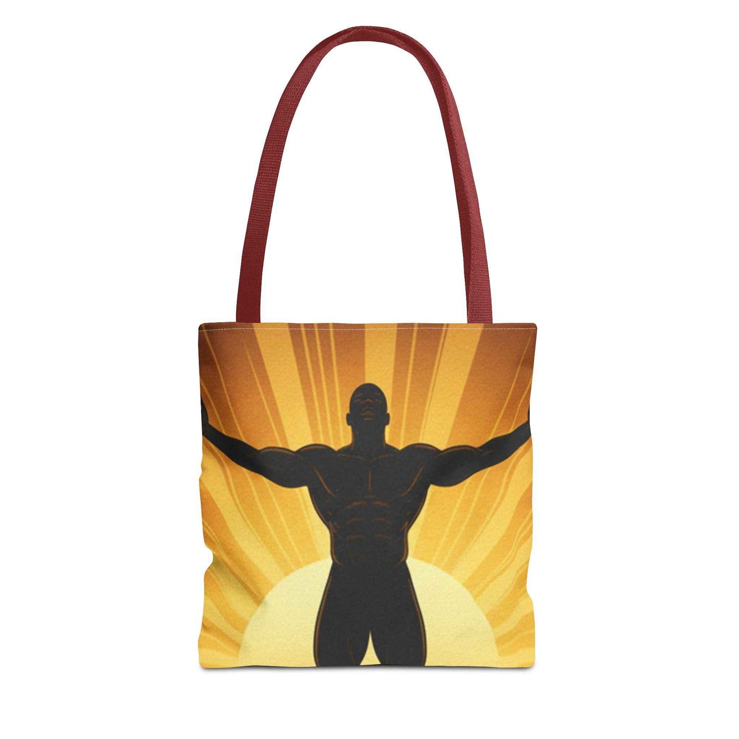 Sunrise Strength Tote Bag – Muscular Silhouette Graphic Beach & Gym Tote