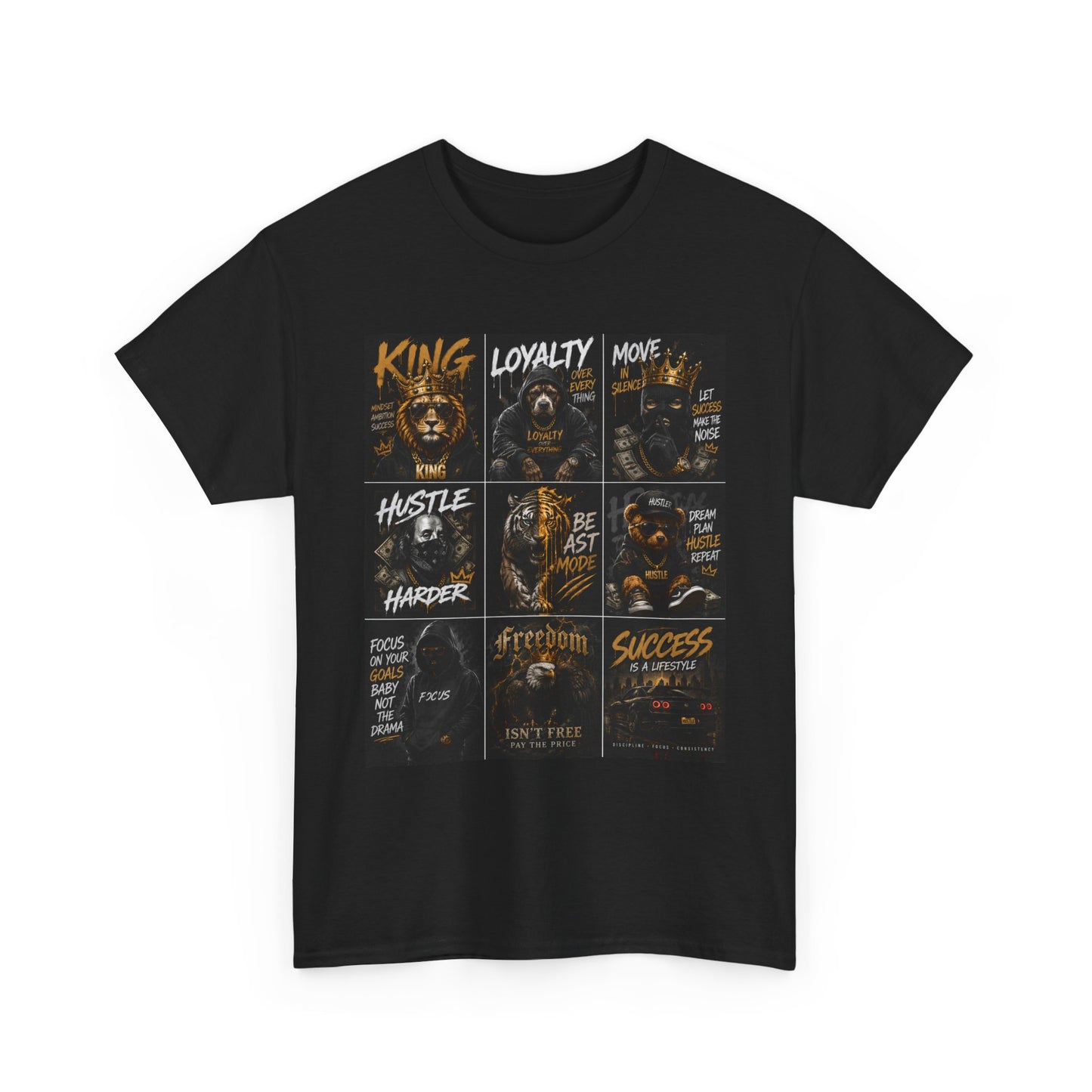 Motivational Collage Tee — Inspirational Hustle Lion Graphic T-Shirt
