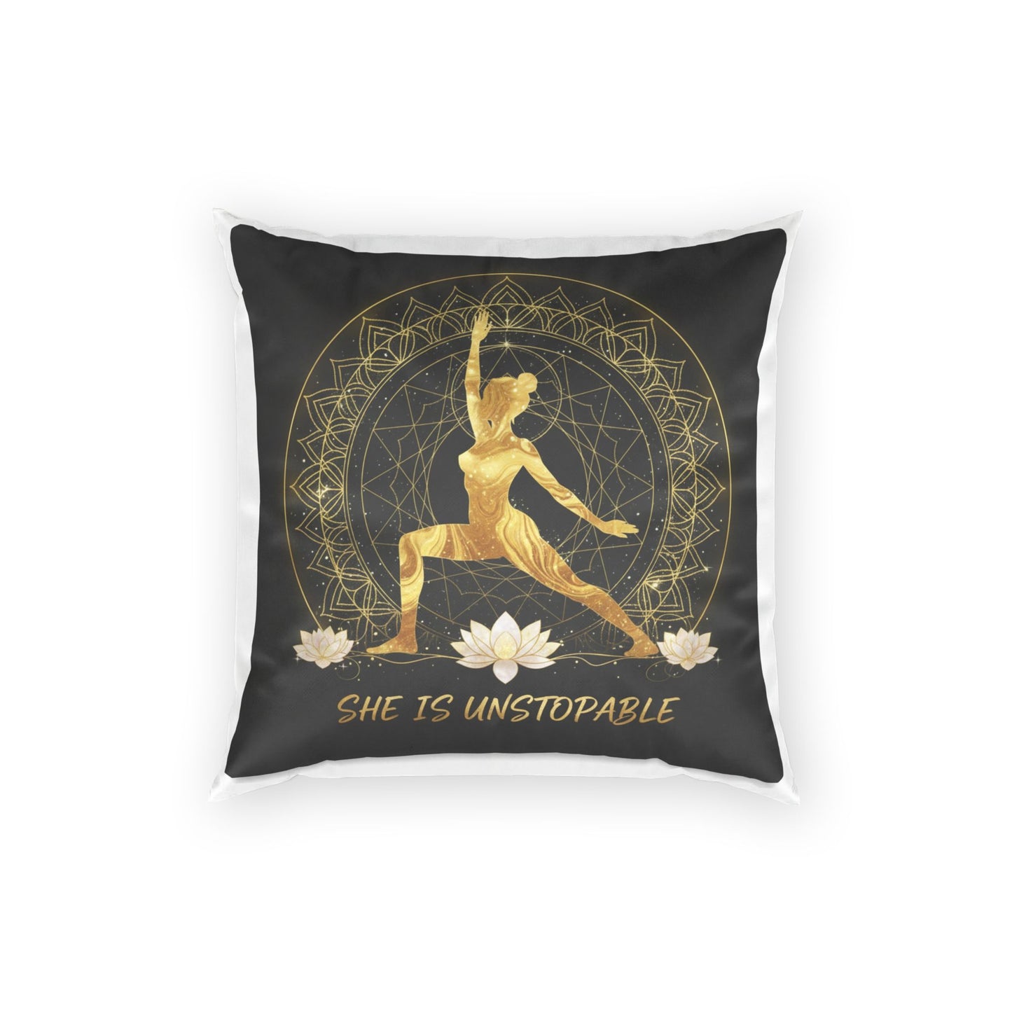 She Is Unstoppable Gold Yoga Pose Velvet Pillow — Inspirational Decorative Throw Pillow