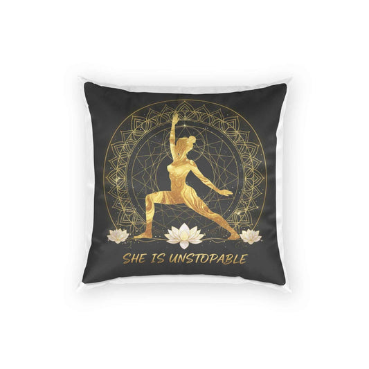 She Is Unstoppable Gold Yoga Pose Velvet Pillow — Inspirational Decorative Throw Pillow