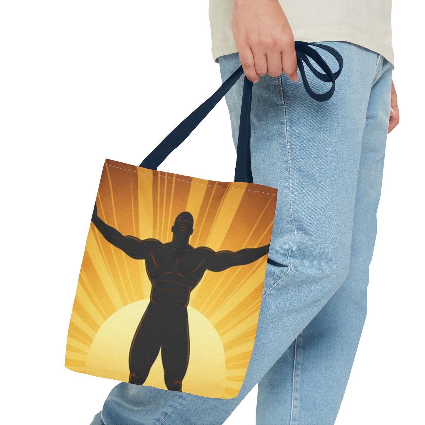 Sunrise Strength Tote Bag – Muscular Silhouette Graphic Beach & Gym Tote