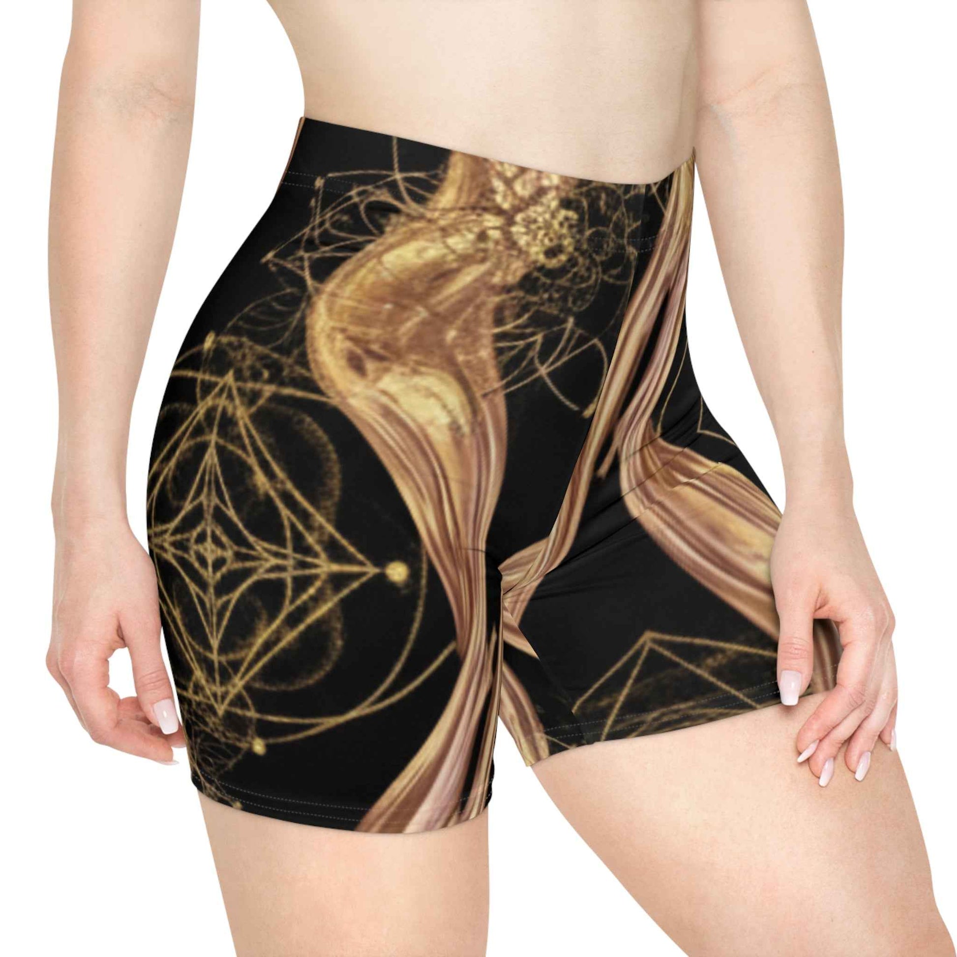 Gold Swirl Yoga Biker Shorts — Metallic Geometric Activewear