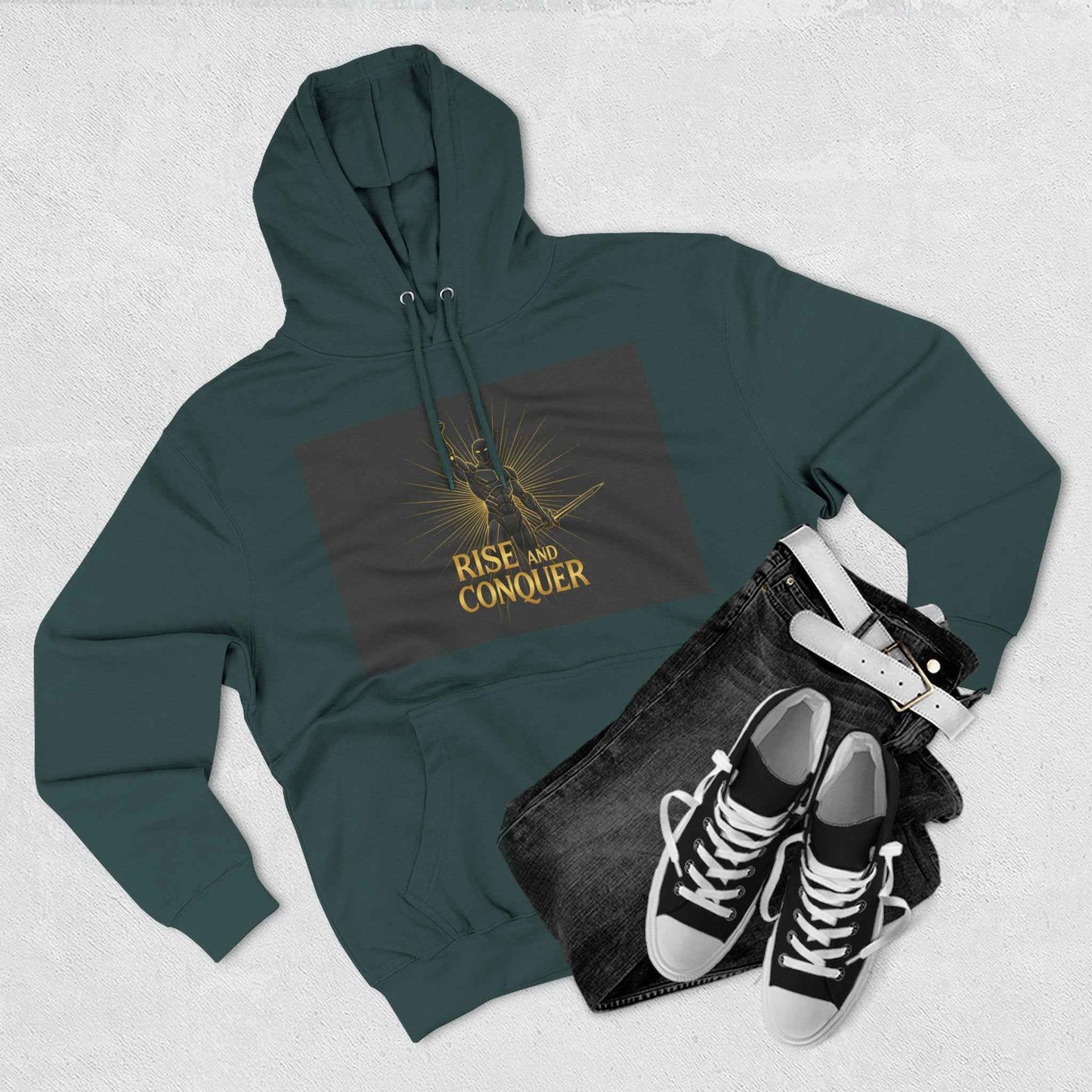 Rise and Conquer Hoodie — Motivational Graphic Fleece Pullover