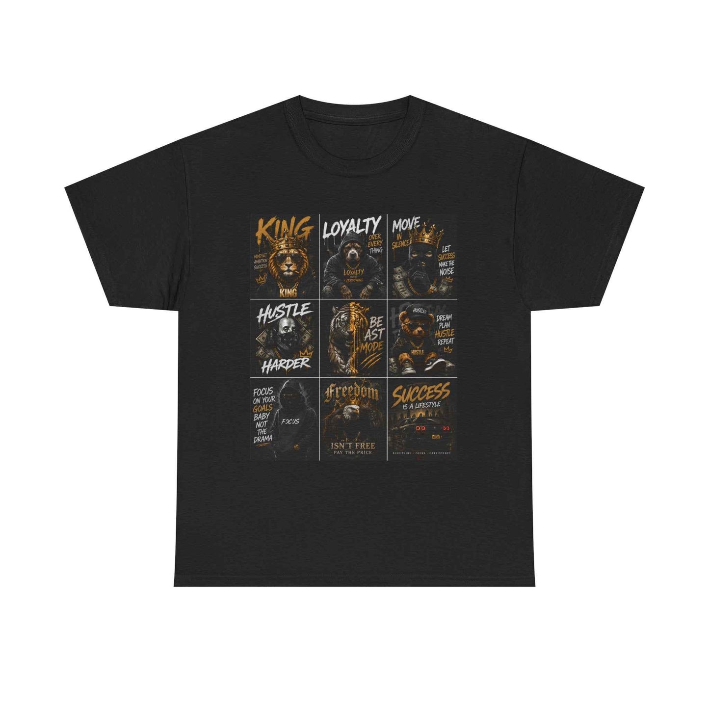 Motivational Collage Tee — Inspirational Hustle Lion Graphic T-Shirt