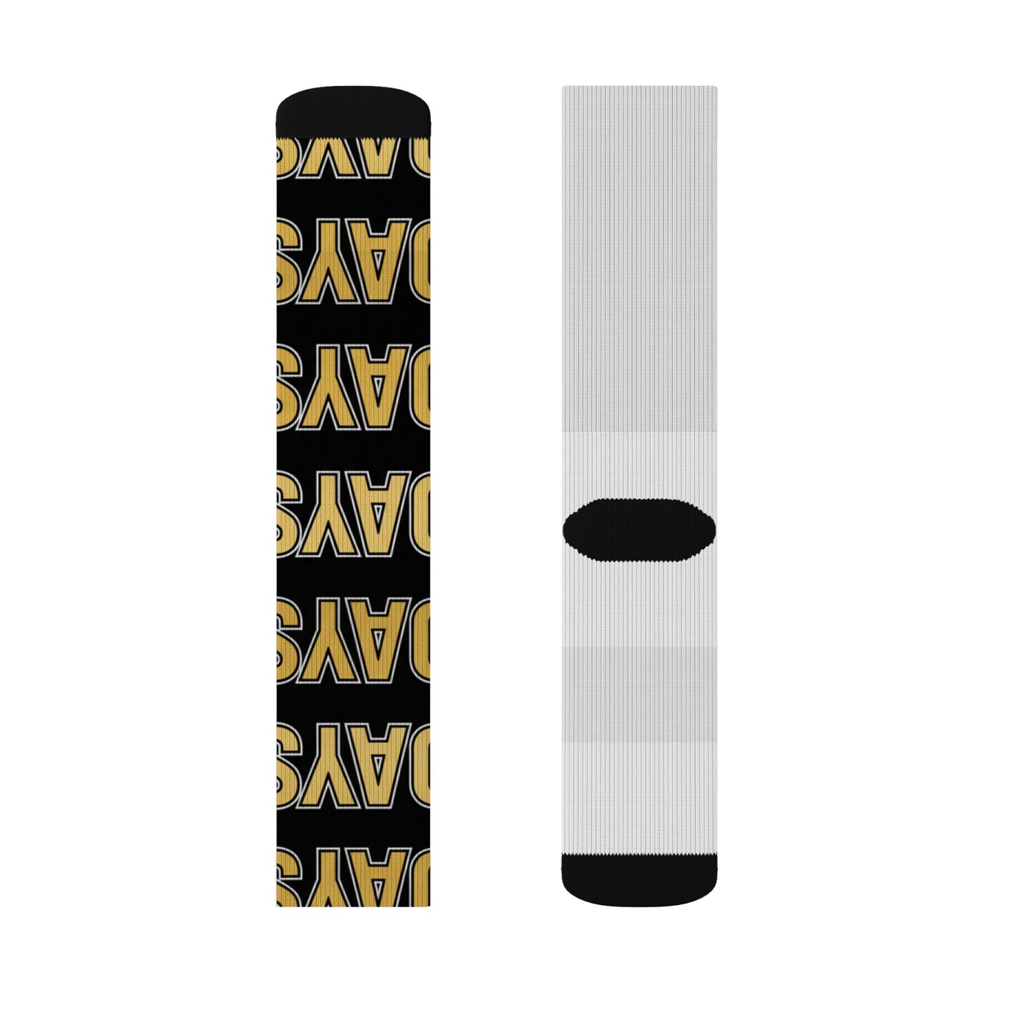 Varsity 'ON' Pattern Sublimation Socks — Bold Black & Gold Sports Crew Socks
