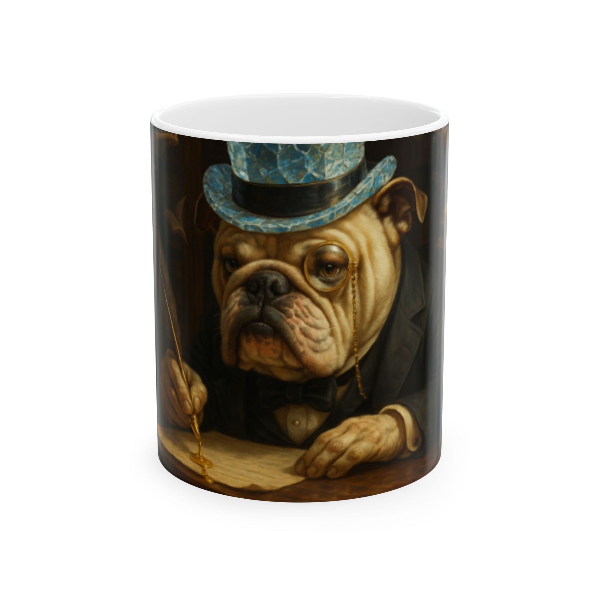 Dapper Bulldog Mug, Whimsical Dog Ceramic Coffee Cup for Pet Lovers, Unique Gift for Him or Her, Funny Birthday Present  Digital Art