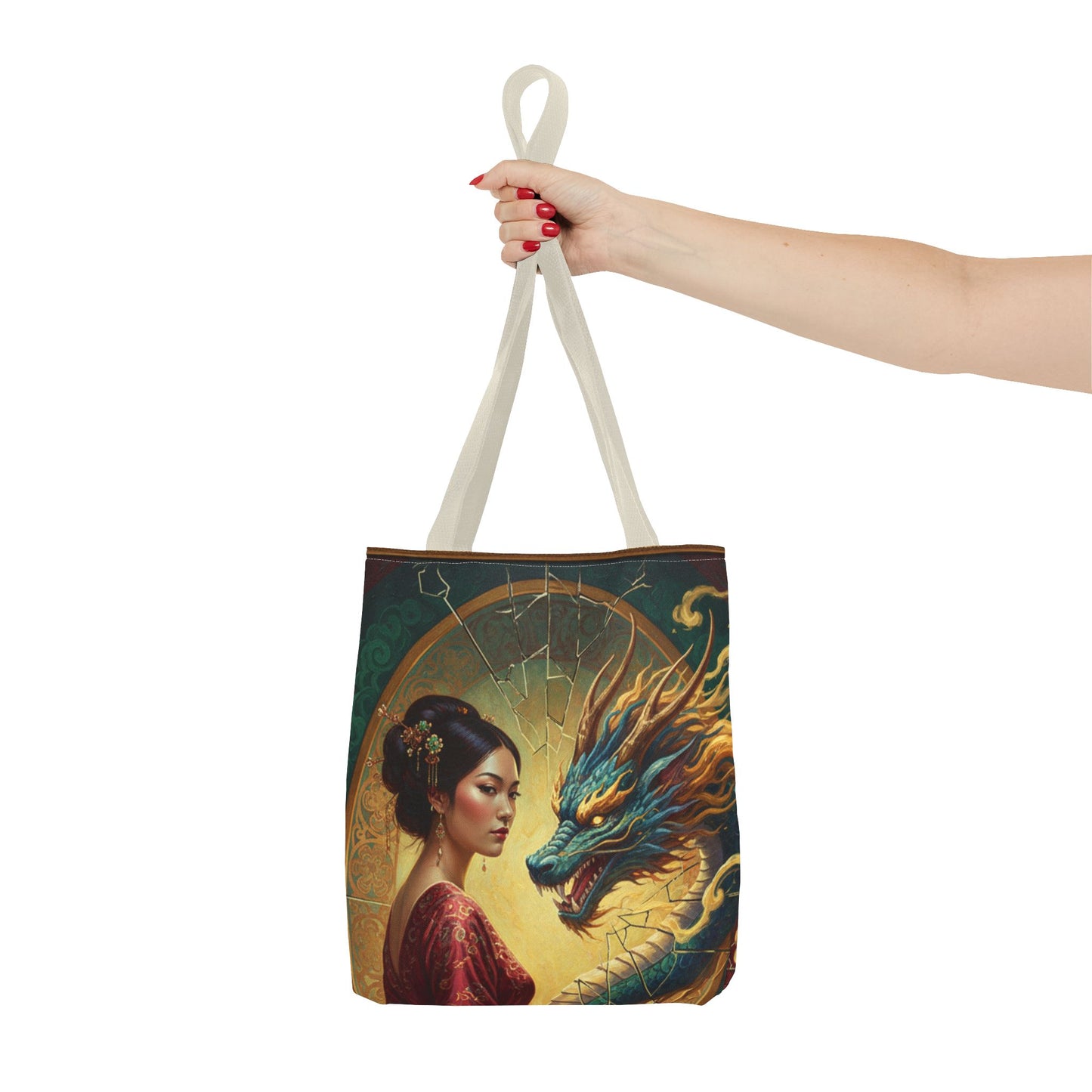 Asian Dragon Muse Tote Bag — Fantasy Art Dragon & Geisha Illustration AOP