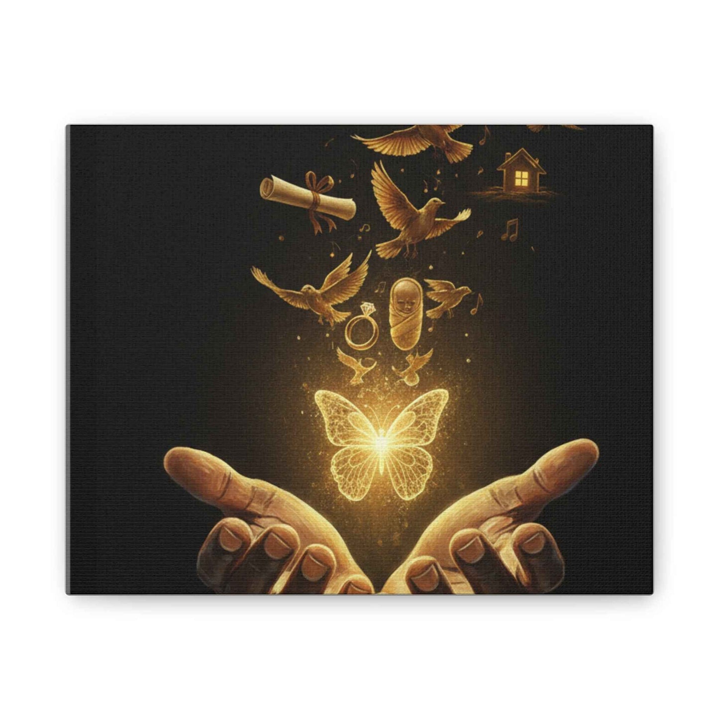 Golden Butterfly Canvas Art - Inspirational Hands & Birds Wall Decor