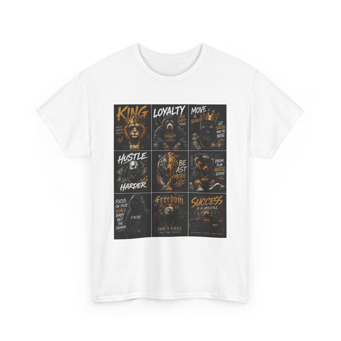 Motivational Collage Tee — Inspirational Hustle Lion Graphic T-Shirt