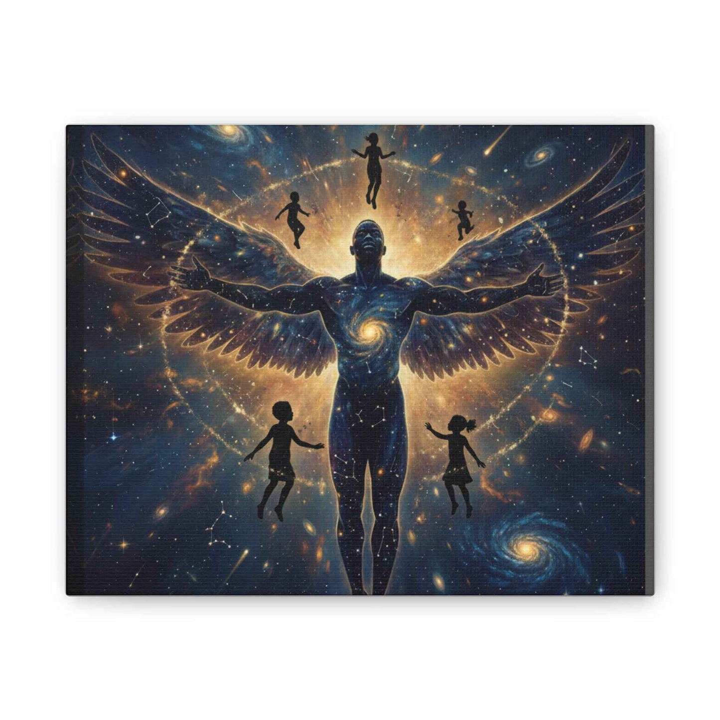 Cosmic Guardian Canvas Print — Angelic Figure with Floating Children