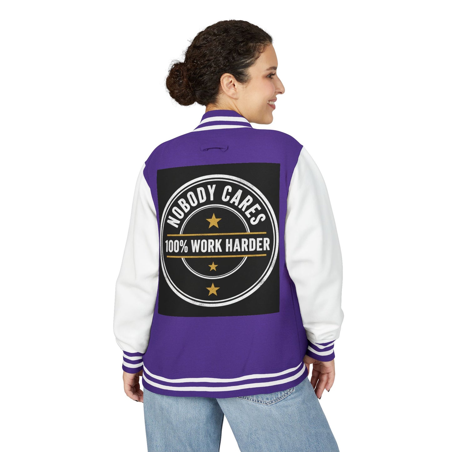 Letterman Jacket — "Nobody Cares, 100% Work Harder" Motivational Varsity Coat