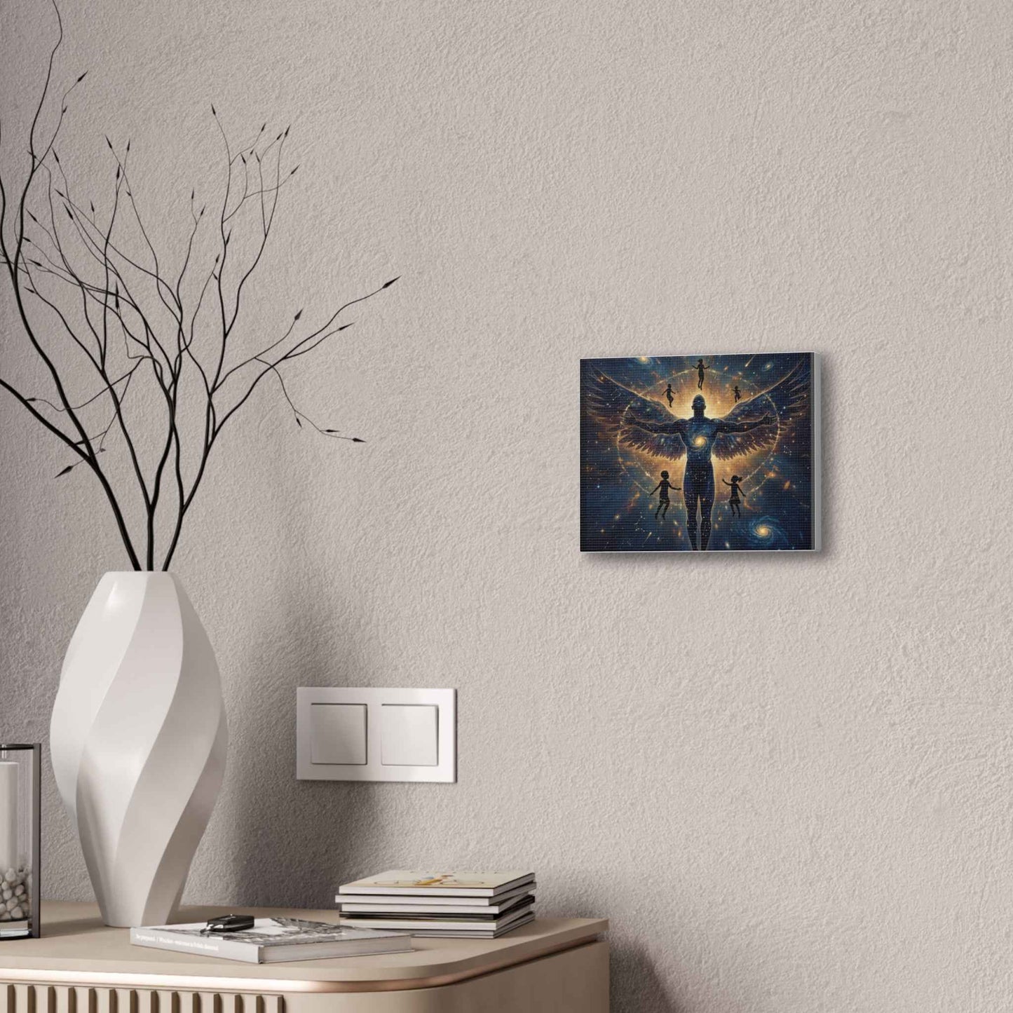Cosmic Guardian Canvas Print — Angelic Figure with Floating Children