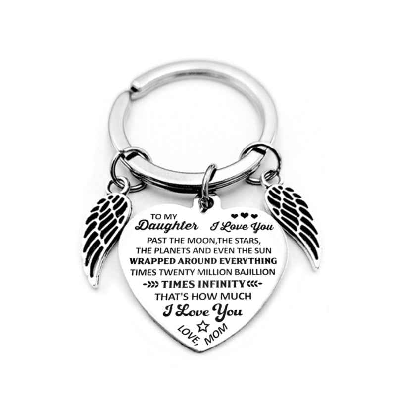 Dad Mom To My Daughter Heart Pendant Keychain Angel Wings Inspirational Letter Key Chain