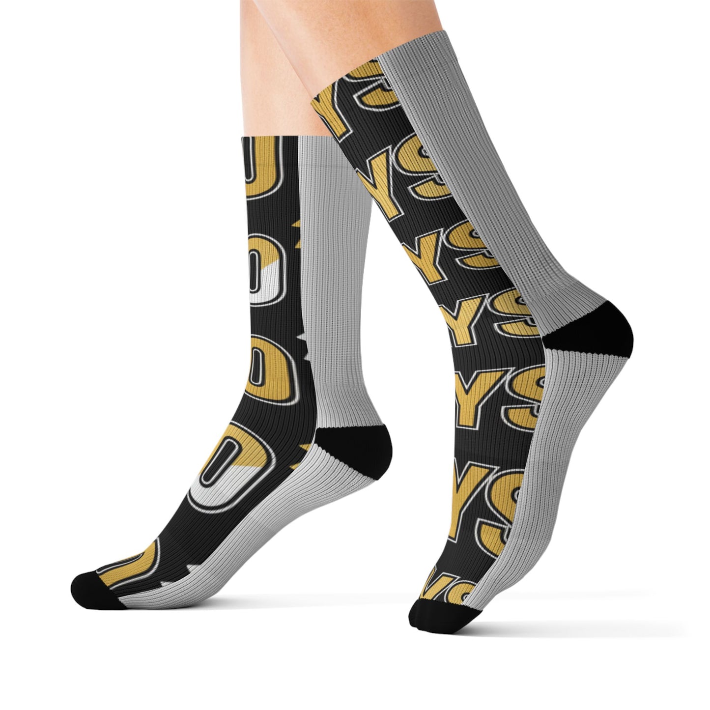 Varsity 'ON' Pattern Sublimation Socks — Bold Black & Gold Sports Crew Socks