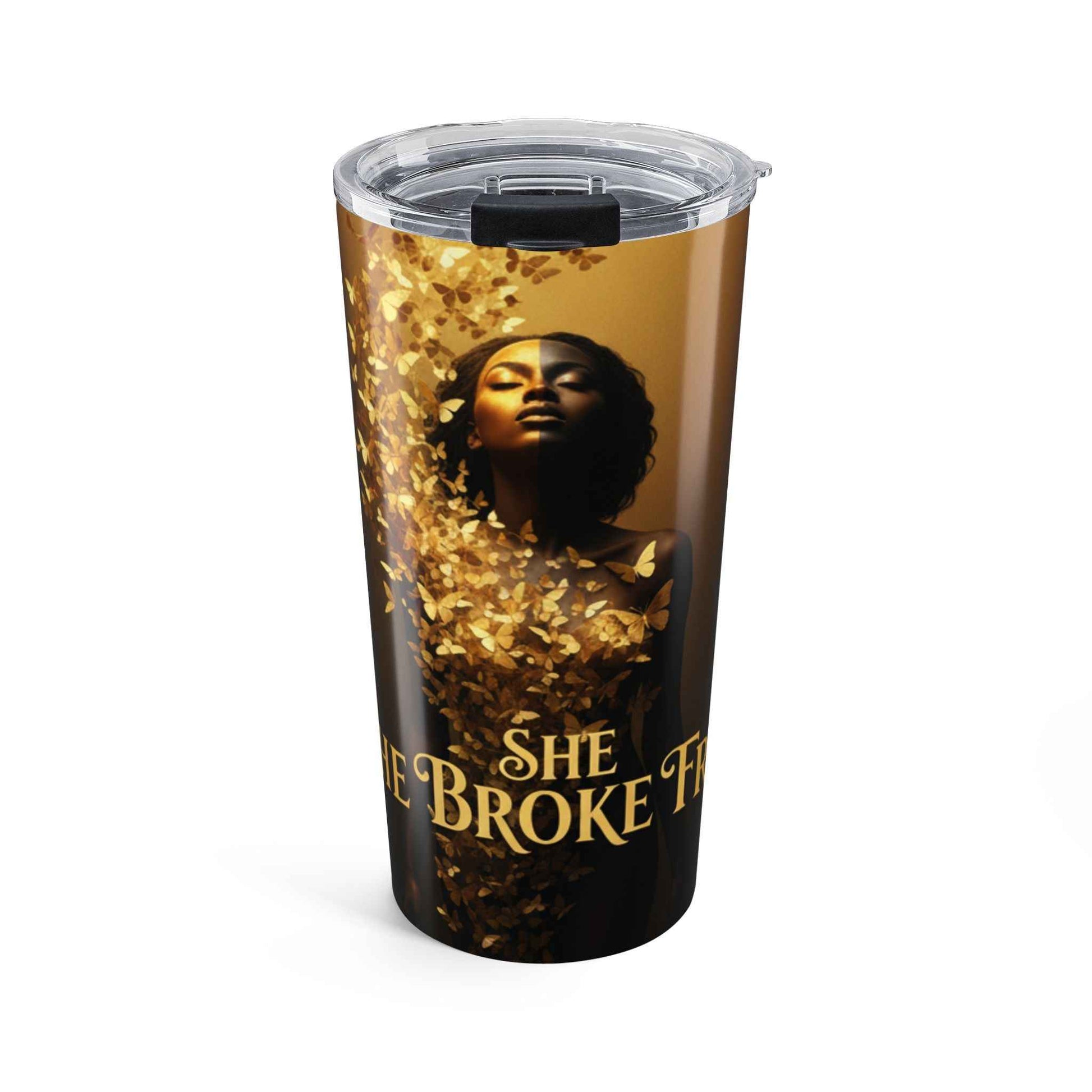 20oz Gold Goddess Tumbler — 'She Broke Free' Inspirational Travel Mug