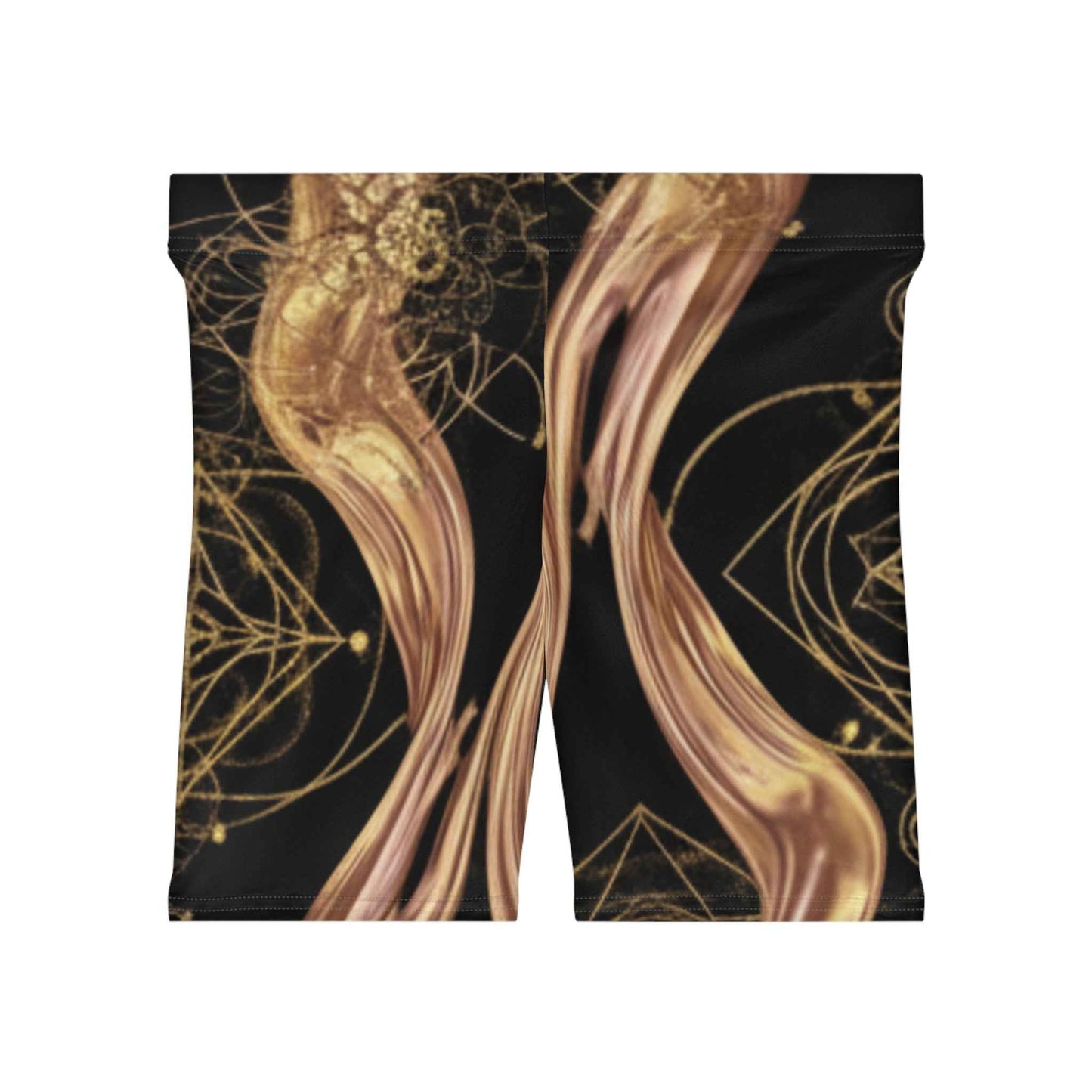 Gold Swirl Yoga Biker Shorts — Metallic Geometric Activewear