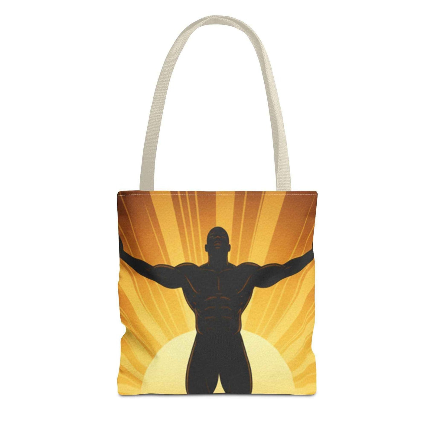 Sunrise Strength Tote Bag – Muscular Silhouette Graphic Beach & Gym Tote