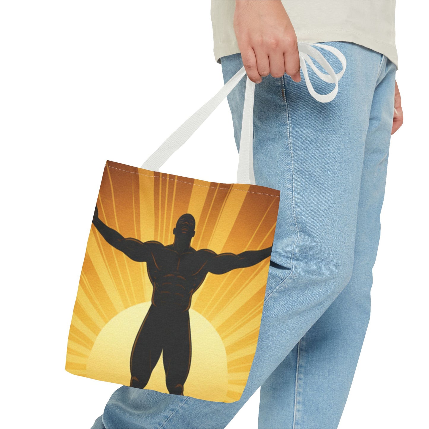 Sunrise Strength Tote Bag – Muscular Silhouette Graphic Beach & Gym Tote