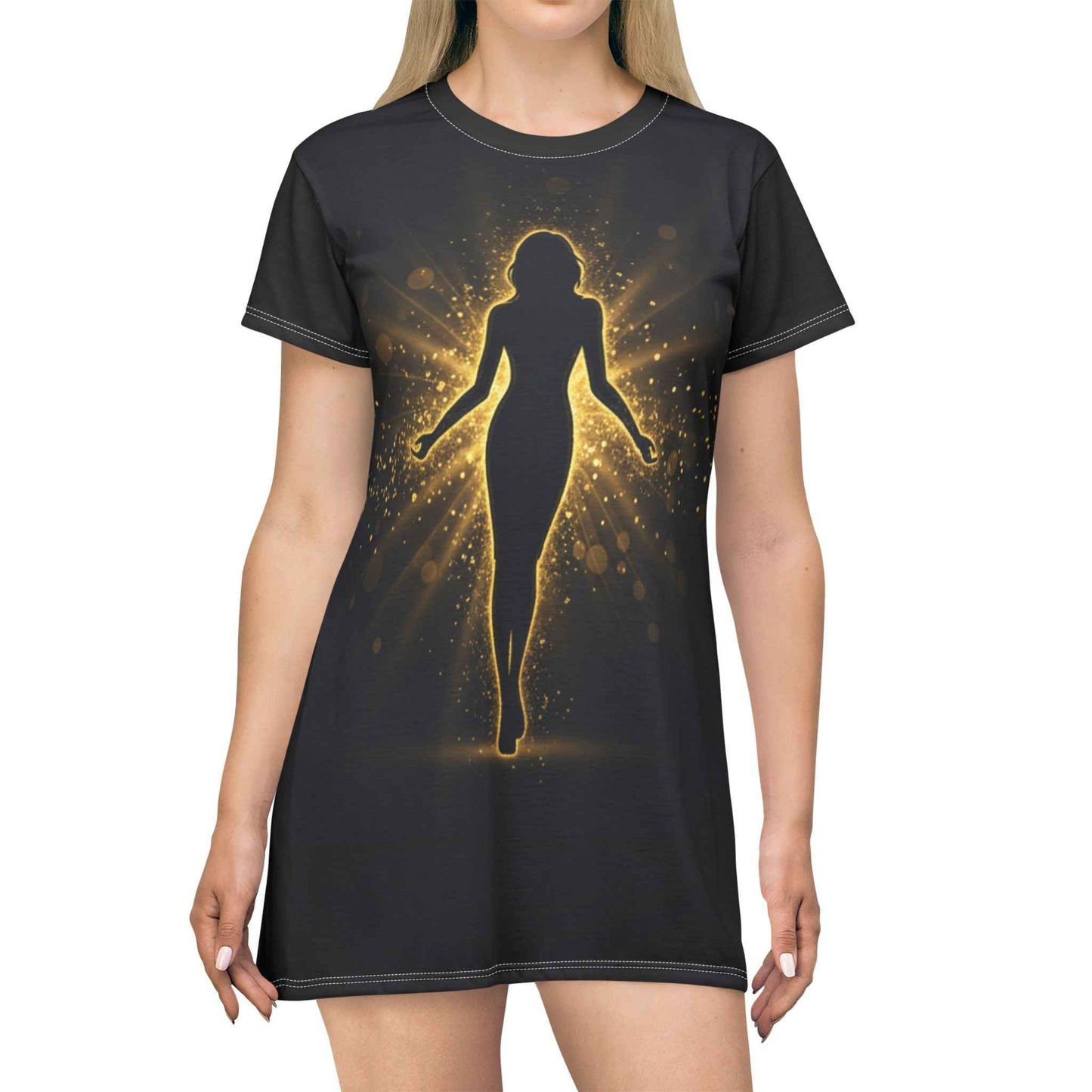 Golden Aura Silhouette T-Shirt Dress — Mystical Sparkle All-Over Print