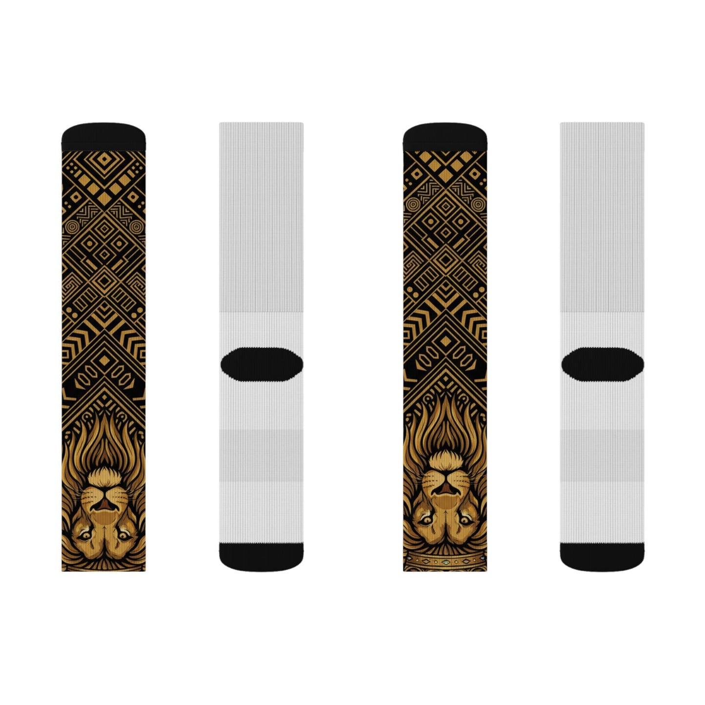 Regal Lion Pattern Sublimation Socks — Tribal Gold Crew Socks