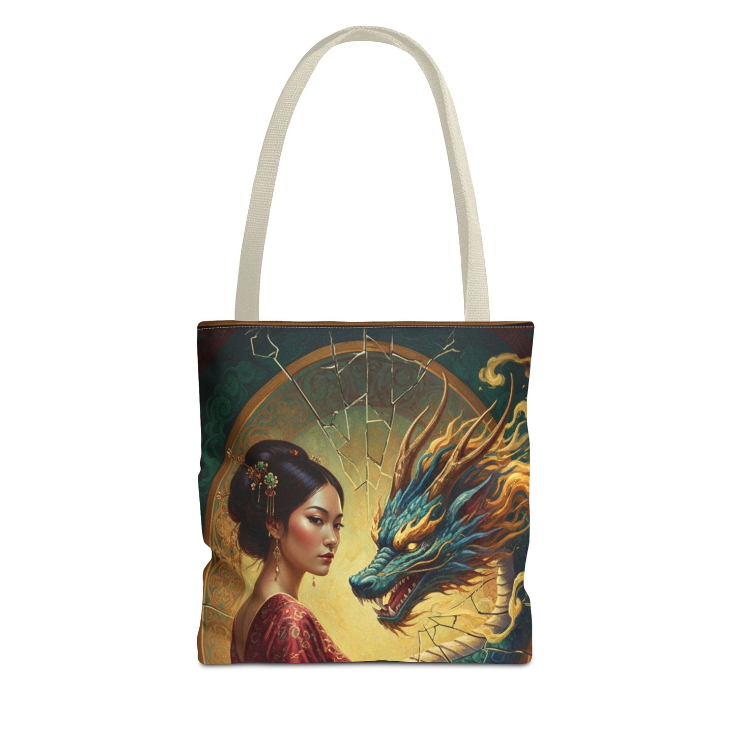 Asian Dragon Muse Tote Bag — Fantasy Art Dragon & Geisha Illustration AOP