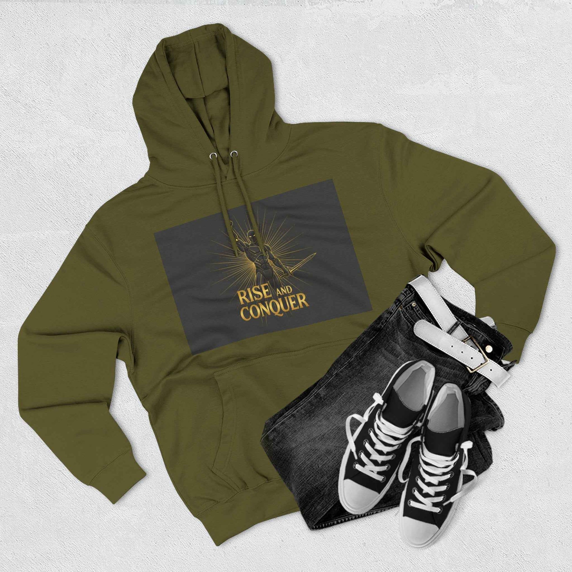 Rise and Conquer Hoodie — Motivational Graphic Fleece Pullover