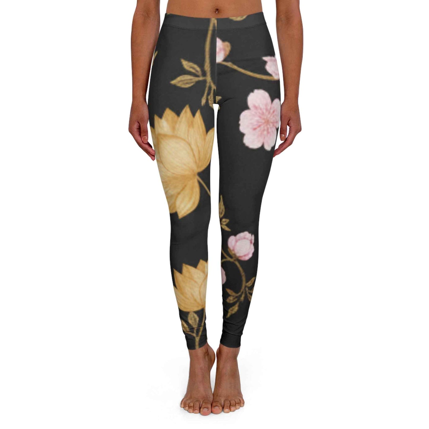 Floral Black Night Leggings — Pink & Gold Blossom Print