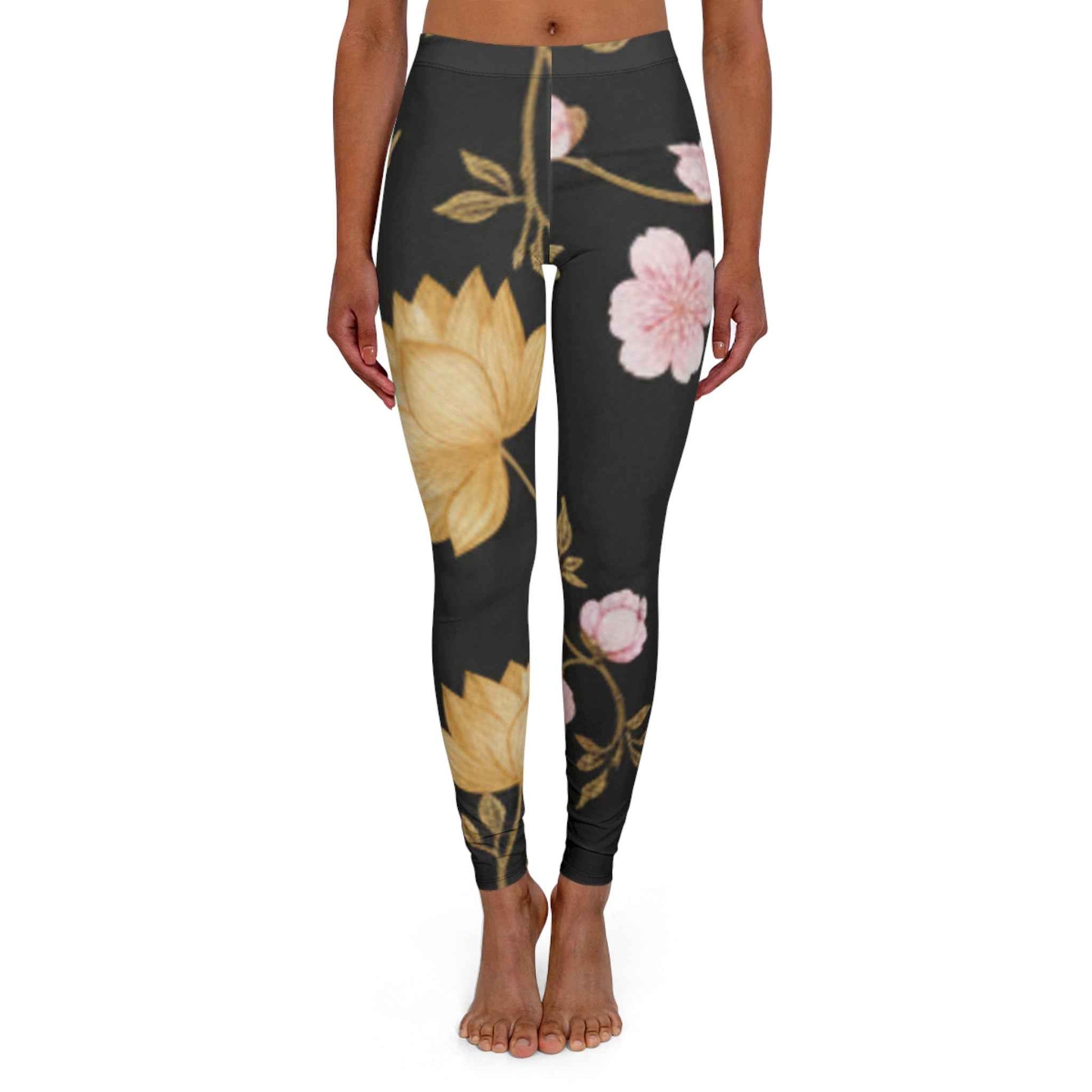 Floral Black Night Leggings — Pink & Gold Blossom Print