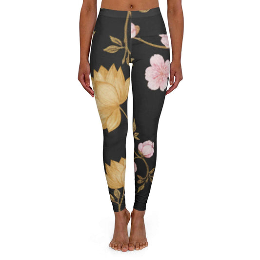 Floral Black Night Leggings — Pink & Gold Blossom Print