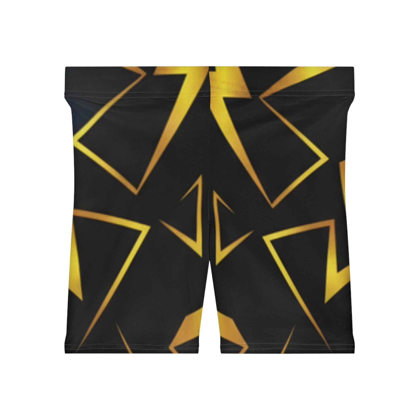 Gold Geometric Biker Shorts — Women's Metallic Triangle Pattern