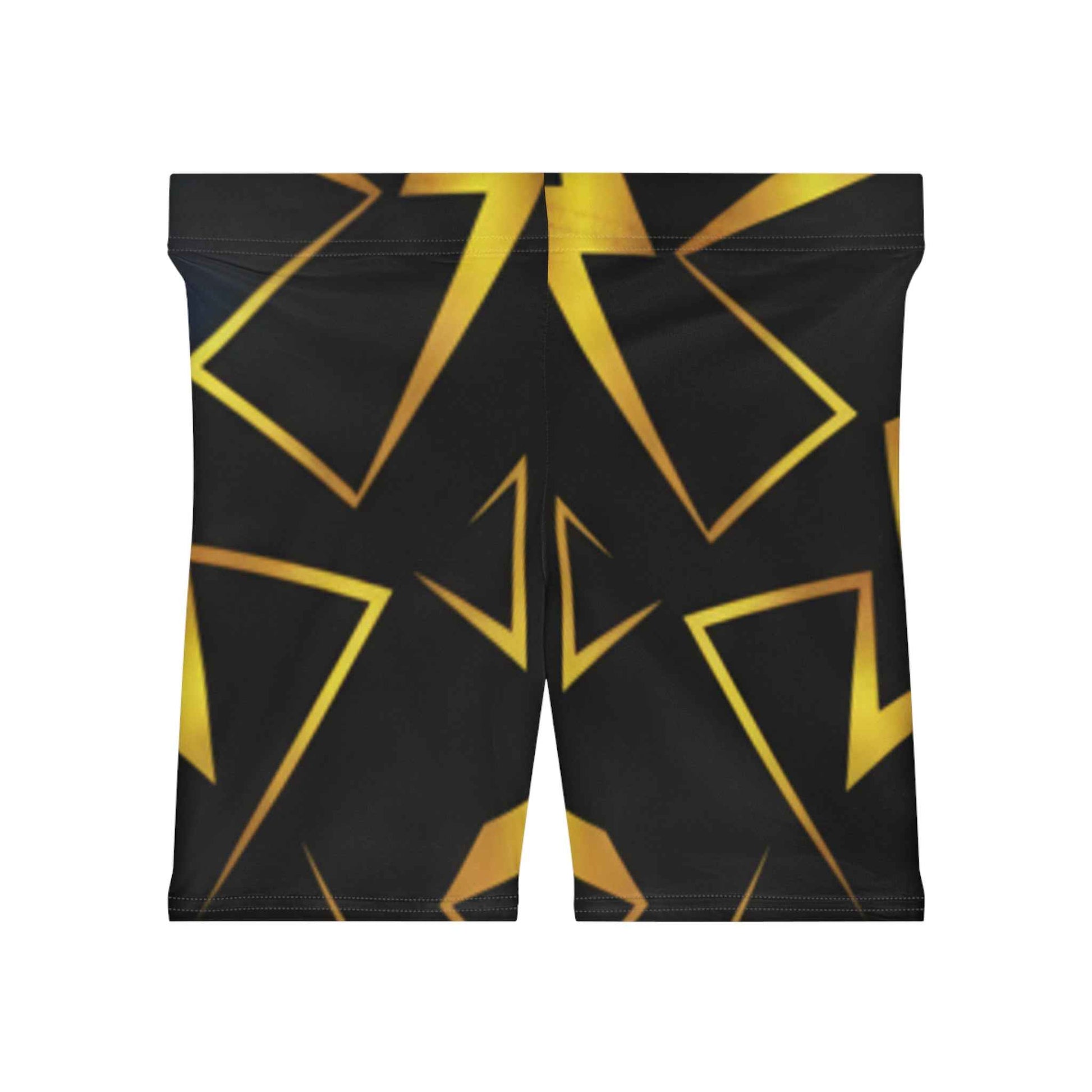 Gold Geometric Biker Shorts — Women's Metallic Triangle Pattern