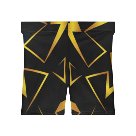 Gold Geometric Biker Shorts — Women's Metallic Triangle Pattern