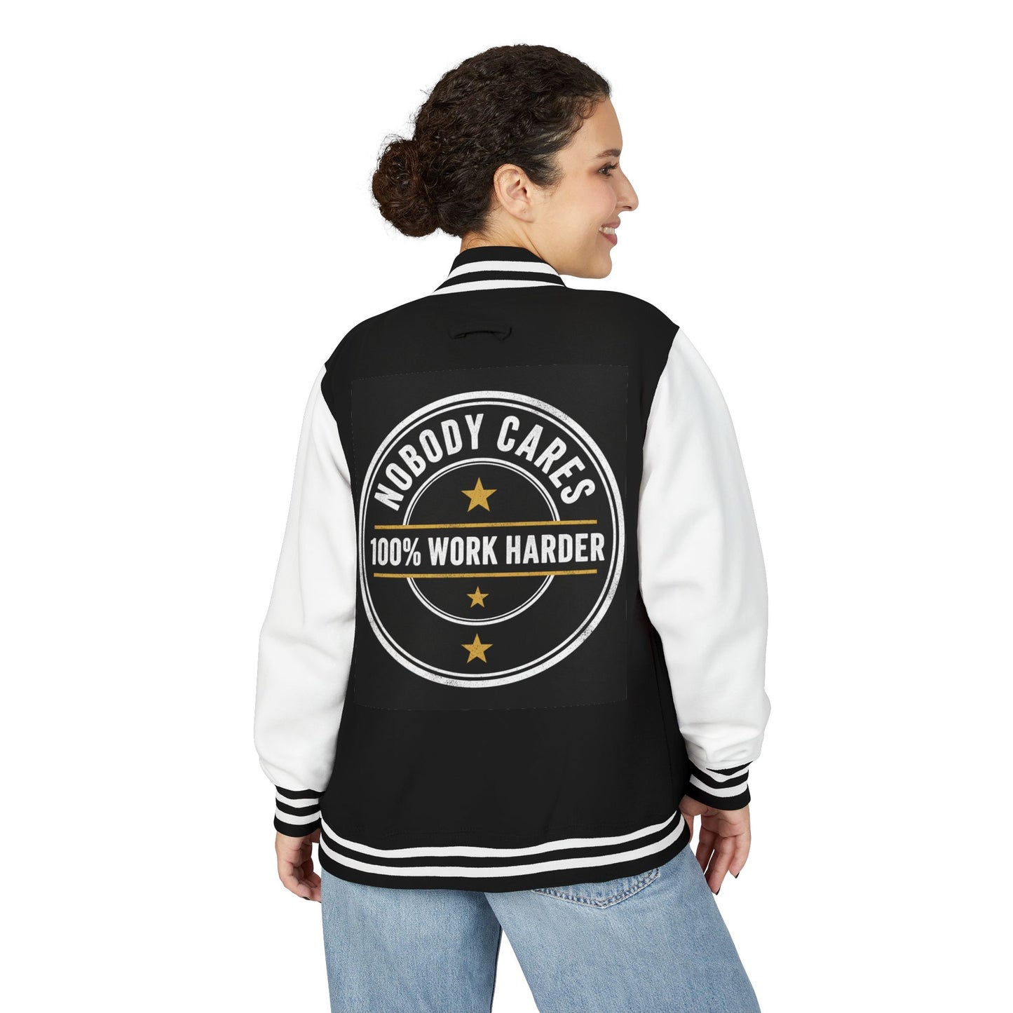 Letterman Jacket — "Nobody Cares, 100% Work Harder" Motivational Varsity Coat