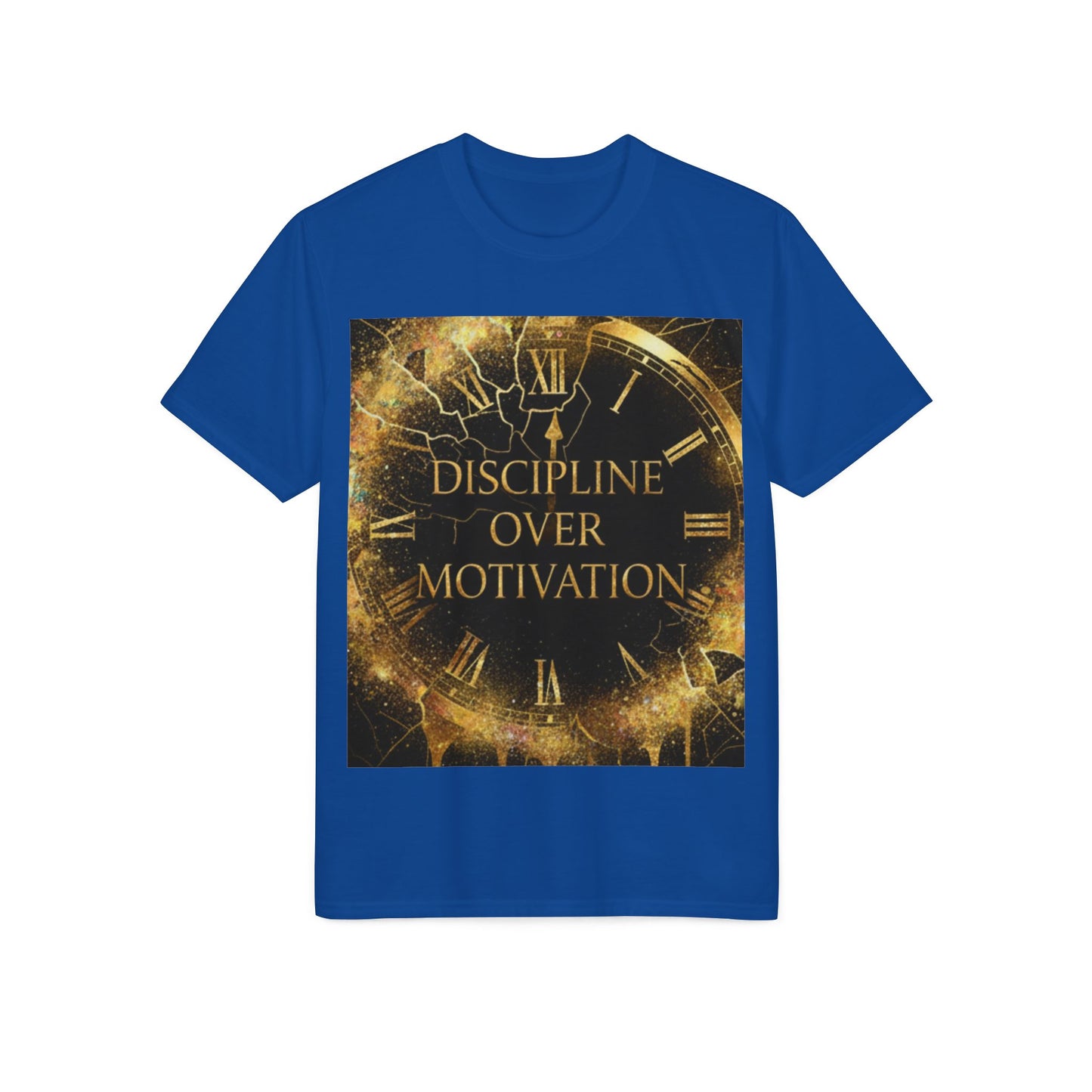 Discipline Over Motivation T-Shirt — Motivational Fitness Tee with Gold Clock Design