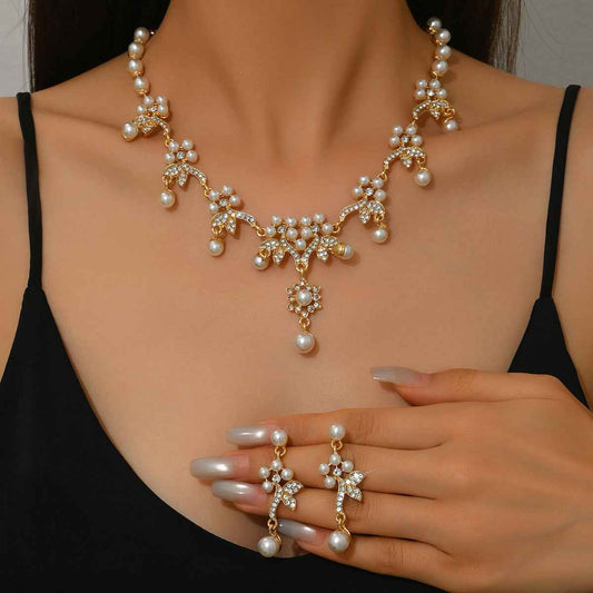European And American Cross-Border Elegant Water Drop Jewelry Elegant Flower Geometric Round Pearl Earrings Necklace Women's Set